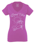 Good Vibe Summer Vintage Retro Beach surf Palm Tree Vacation Skeleton For Women V neck fitted T Shirt
