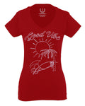 Good Vibe Summer Vintage Retro Beach surf Palm Tree Vacation Skeleton For Women V neck fitted T Shirt