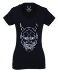 BIG Japanese Art White Demon Hannya Graphic Traditional Till Death Vibes Anime For Women V neck fitted T Shirt