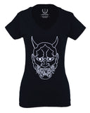 BIG Japanese Art White Demon Hannya Graphic Traditional Till Death Vibes Anime For Women V neck fitted T Shirt