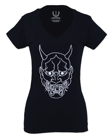 BIG Japanese Art White Demon Hannya Graphic Traditional Till Death Vibes Anime For Women V neck fitted T Shirt