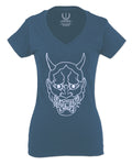 BIG Japanese Art White Demon Hannya Graphic Traditional Till Death Vibes Anime For Women V neck fitted T Shirt