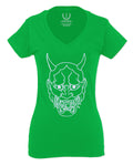 BIG Japanese Art White Demon Hannya Graphic Traditional Till Death Vibes Anime For Women V neck fitted T Shirt
