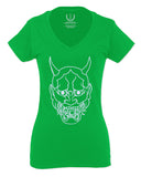 BIG Japanese Art White Demon Hannya Graphic Traditional Till Death Vibes Anime For Women V neck fitted T Shirt