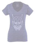 BIG Japanese Art White Demon Hannya Graphic Traditional Till Death Vibes Anime For Women V neck fitted T Shirt