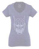 BIG Japanese Art White Demon Hannya Graphic Traditional Till Death Vibes Anime For Women V neck fitted T Shirt