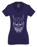 BIG Japanese Art White Demon Hannya Graphic Traditional Till Death Vibes Anime For Women V neck fitted T Shirt