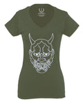 BIG Japanese Art White Demon Hannya Graphic Traditional Till Death Vibes Anime For Women V neck fitted T Shirt