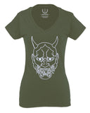 BIG Japanese Art White Demon Hannya Graphic Traditional Till Death Vibes Anime For Women V neck fitted T Shirt