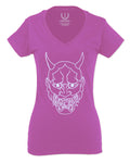 BIG Japanese Art White Demon Hannya Graphic Traditional Till Death Vibes Anime For Women V neck fitted T Shirt