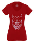 BIG Japanese Art White Demon Hannya Graphic Traditional Till Death Vibes Anime For Women V neck fitted T Shirt