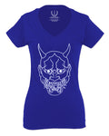 BIG Japanese Art White Demon Hannya Graphic Traditional Till Death Vibes Anime For Women V neck fitted T Shirt