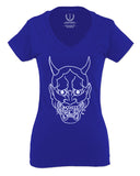 BIG Japanese Art White Demon Hannya Graphic Traditional Till Death Vibes Anime For Women V neck fitted T Shirt