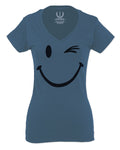 Cute Graphic Happy Funny Blink Smile Smiling face Positive For Women V neck fitted T Shirt