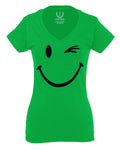 Cute Graphic Happy Funny Blink Smile Smiling face Positive For Women V neck fitted T Shirt