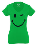 Cute Graphic Happy Funny Blink Smile Smiling face Positive For Women V neck fitted T Shirt