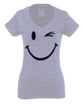 Cute Graphic Happy Funny Blink Smile Smiling face Positive For Women V neck fitted T Shirt