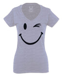 Cute Graphic Happy Funny Blink Smile Smiling face Positive For Women V neck fitted T Shirt
