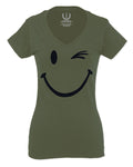 Cute Graphic Happy Funny Blink Smile Smiling face Positive For Women V neck fitted T Shirt