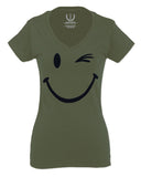 Cute Graphic Happy Funny Blink Smile Smiling face Positive For Women V neck fitted T Shirt