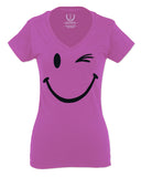 Cute Graphic Happy Funny Blink Smile Smiling face Positive For Women V neck fitted T Shirt