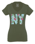 Cool New York Gift Liberty Statue Nyc Floral Beach Summer Vacation Palm For Women V neck fitted T Shirt
